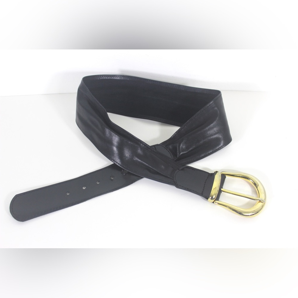 1980’s Wide Black Leather Belt with Big Gold Buckle